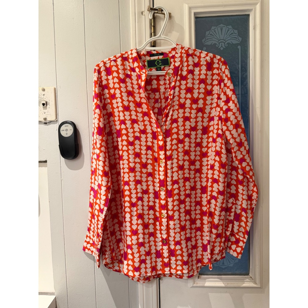 C. Wonder Orange Pink Heart Print 100% Silk Button Front Blouse Medium